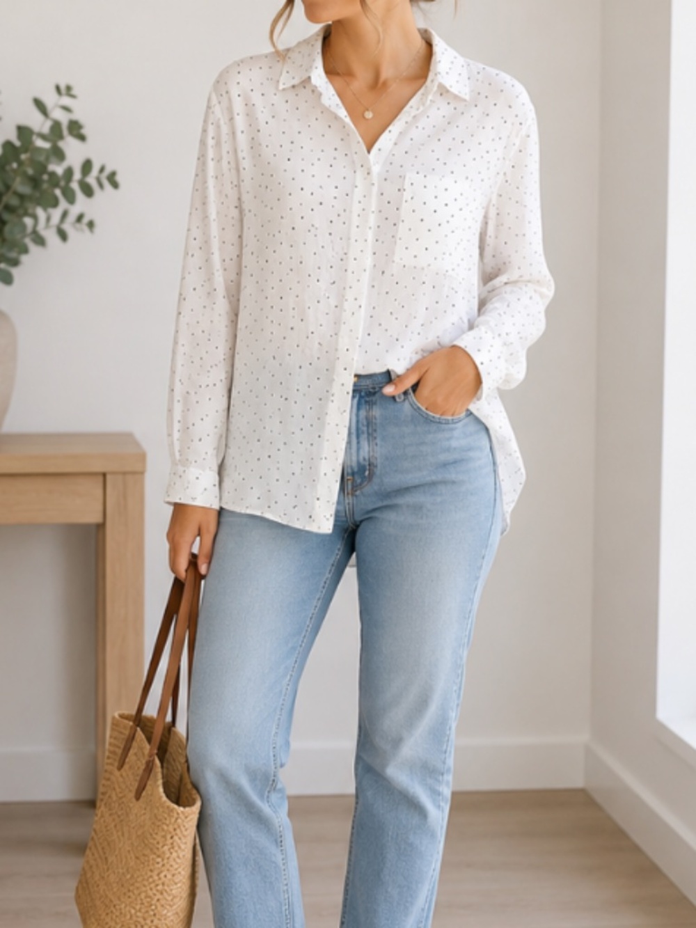 Zara Basic Collection White Polka Dot Blouse Women’s Size L | Lightweight Top